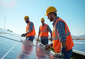 Equipe técnica realizando manutenção em painéis solares