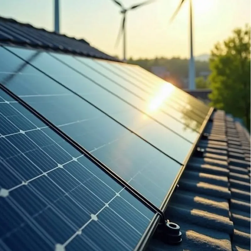Painéis solares instalados em telhado residencial ao pôr do sol, com turbinas eólicas ao fundo