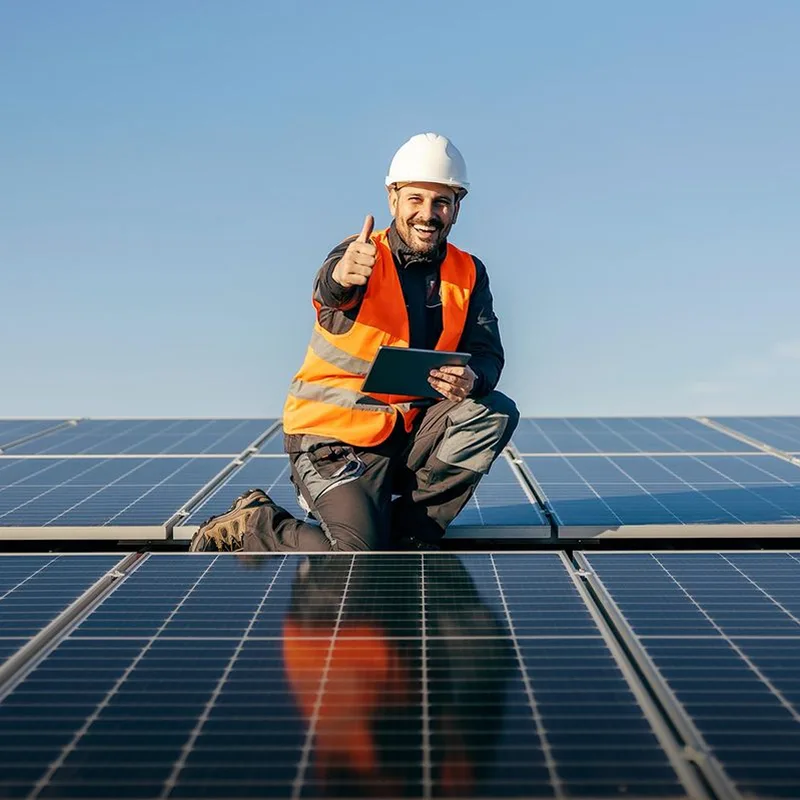Técnico em painel solar fazendo sinal de positivo, segurando tablet