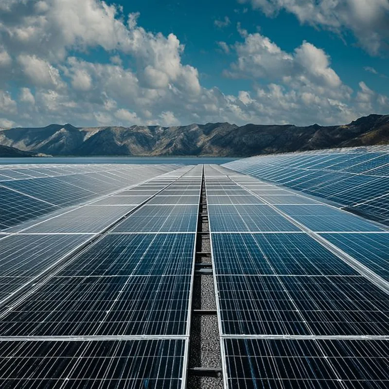 Extensa usina solar fotovoltaica entre montanhas