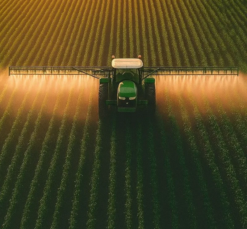 Trator agrícola operando em plantação ao entardecer