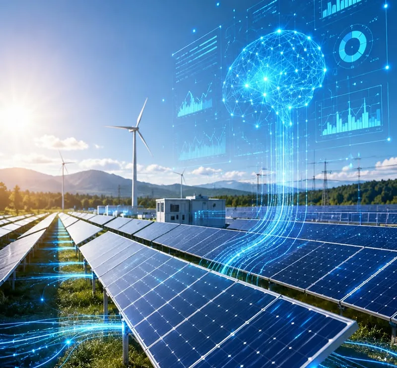 Painéis solares com representação digital de inteligência artificial sobreposta