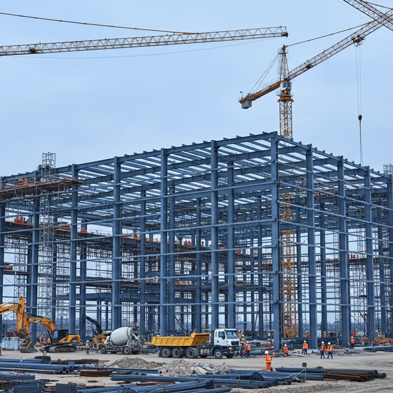 Obra industrial em construção, com estrutura metálica, guindastes e equipe de montagem